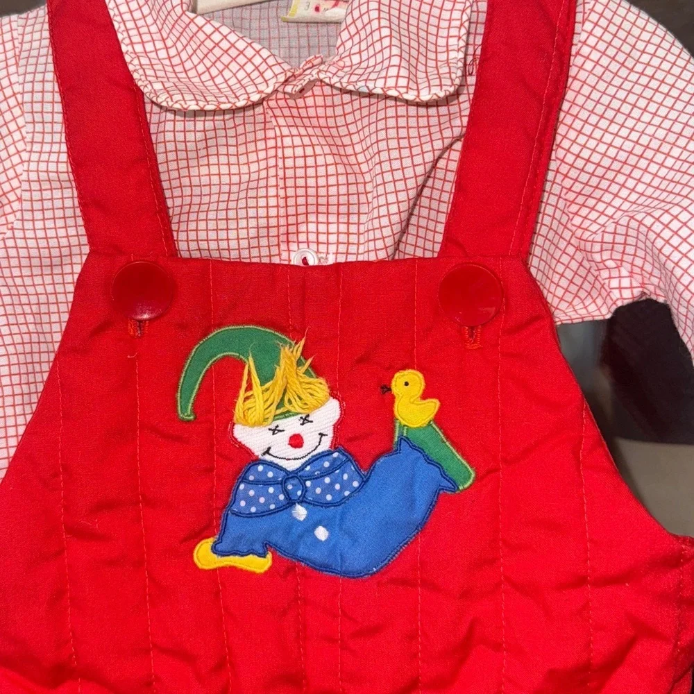 Vintage 1970s clown overalls set jumpsuit embroidered applique baby longall tee